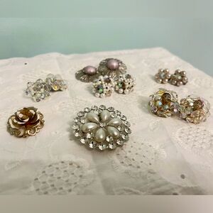 Vintage lot of Pearl and Crystal Brooch, clip ons and post Collection